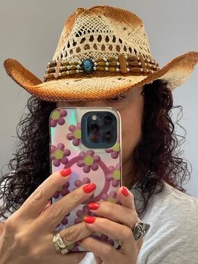 Straw Cowboy Hat With Embellished Headband - 22.5